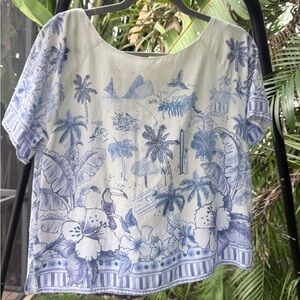 FARM Rio Blue and White Tropical Print Short Sleeve Linen Tee